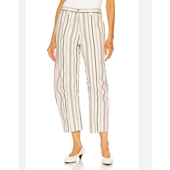 Nili Lotan Carpenter Pants In Blue Stripe Cotton & Linen ivory, size 6